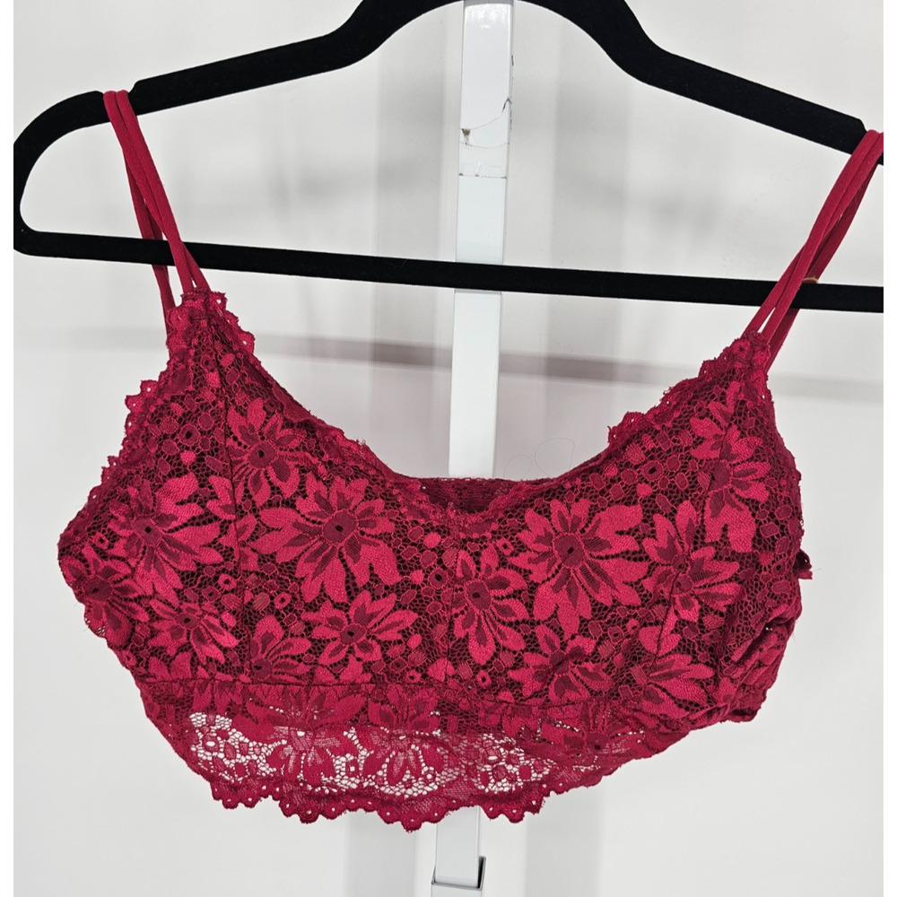 Womens Sz L Semi Sheer Sexy Floral Lace Bralette Bra Dark Red